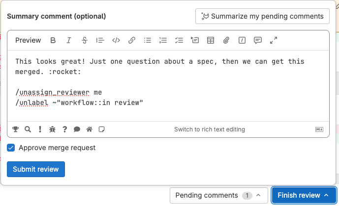 Finish review with comment